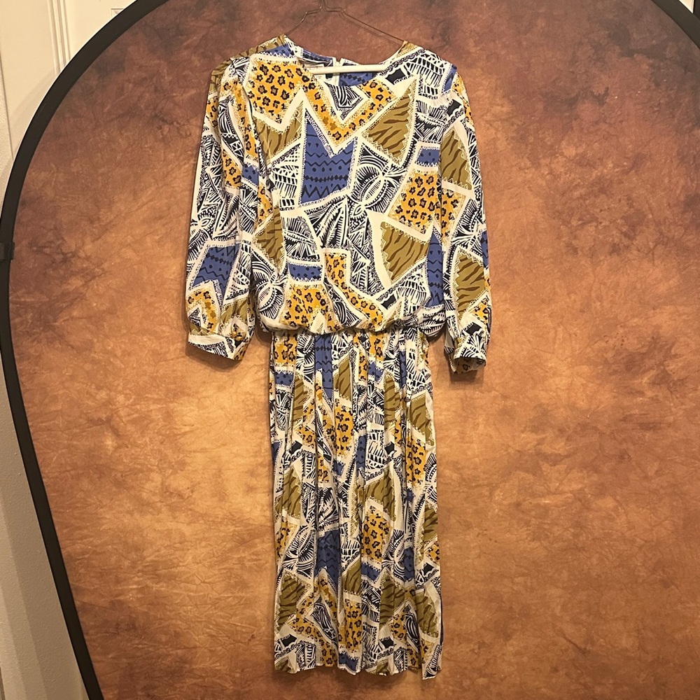 New Looks California Zebra Cheetah Leopard Blue and Yellow Long Sleeve Dress